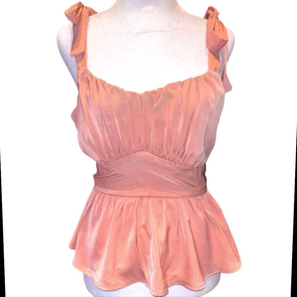 Row A Terracota Peplum Sweetheart Neck Blouse Satin Tie Shoulders Top Sz Medium